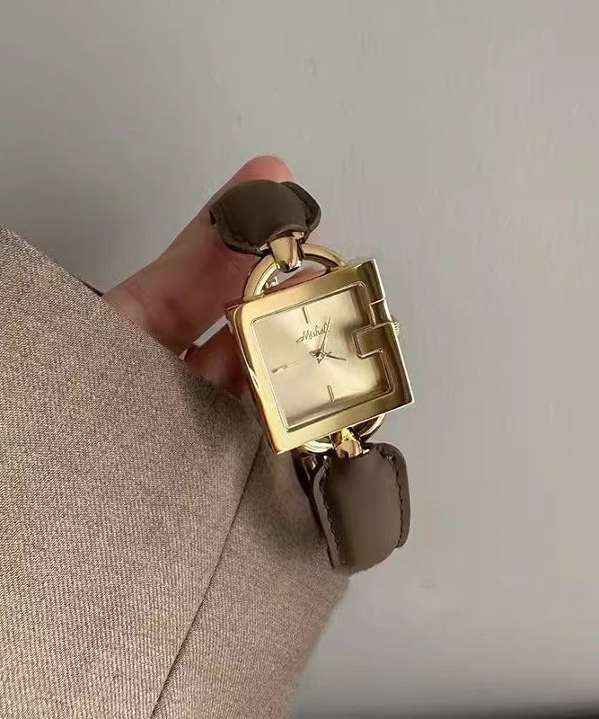 Brown Gold Leather Patchwork Chain Quartz Movement Square Watches