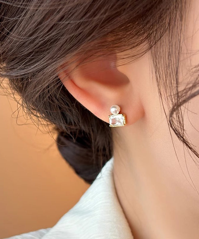 Gold Sterling Silver Overgild Pearl Stud Earrings
