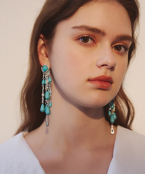 Blue Zircon Water Drop Tassels Silver Plated Drop Earrings