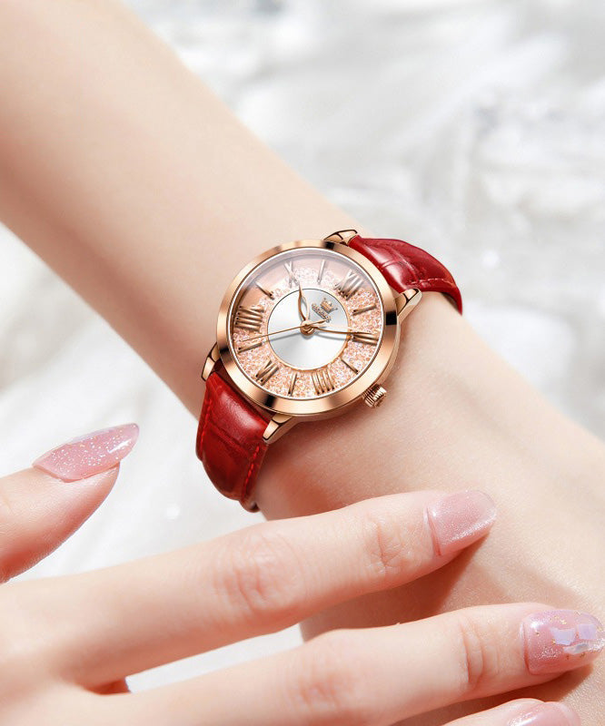 Red Leather Overgild Zircon Quartz Movement Waterproof Leather Watch