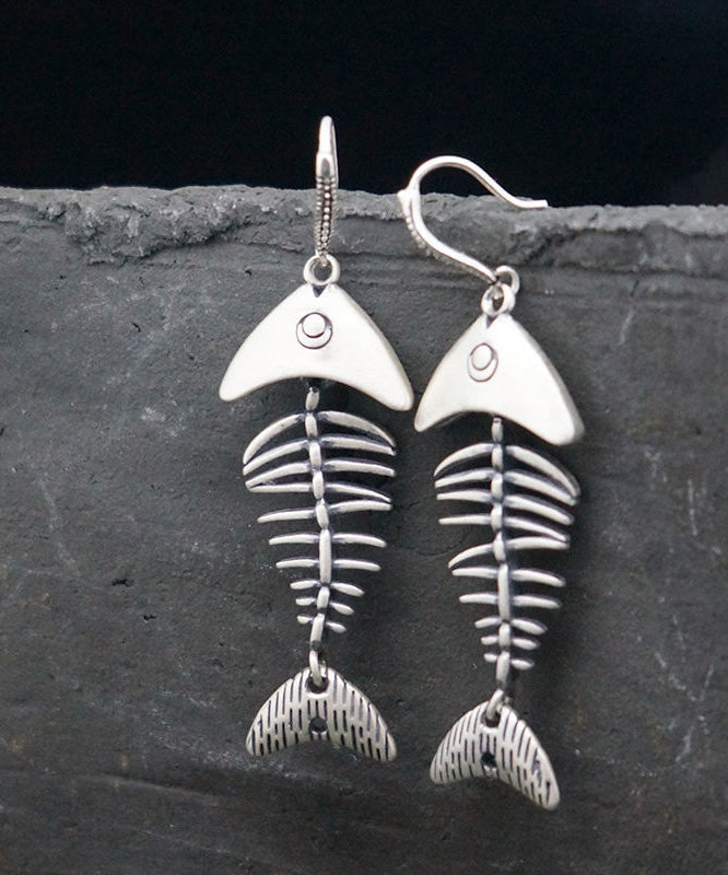 Silk Silver Fish Bone Drop Earrings