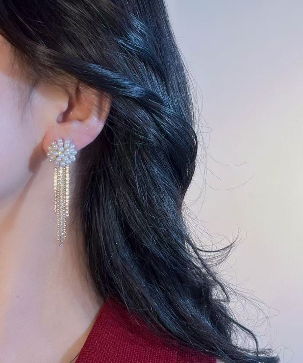 Gold Copper Alloy Zircon Pearl Tassel Drop Earrings
