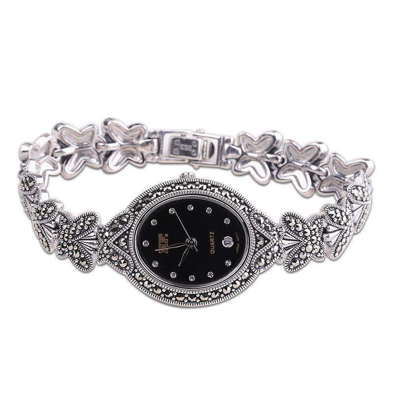 Silk Sterling Silver Inlaid Butterfly Tempered Glass Wrist Watch