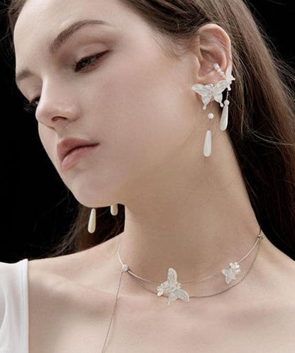 White Sterling Silver Pearl Butterfly Water Drop Drop Earrings