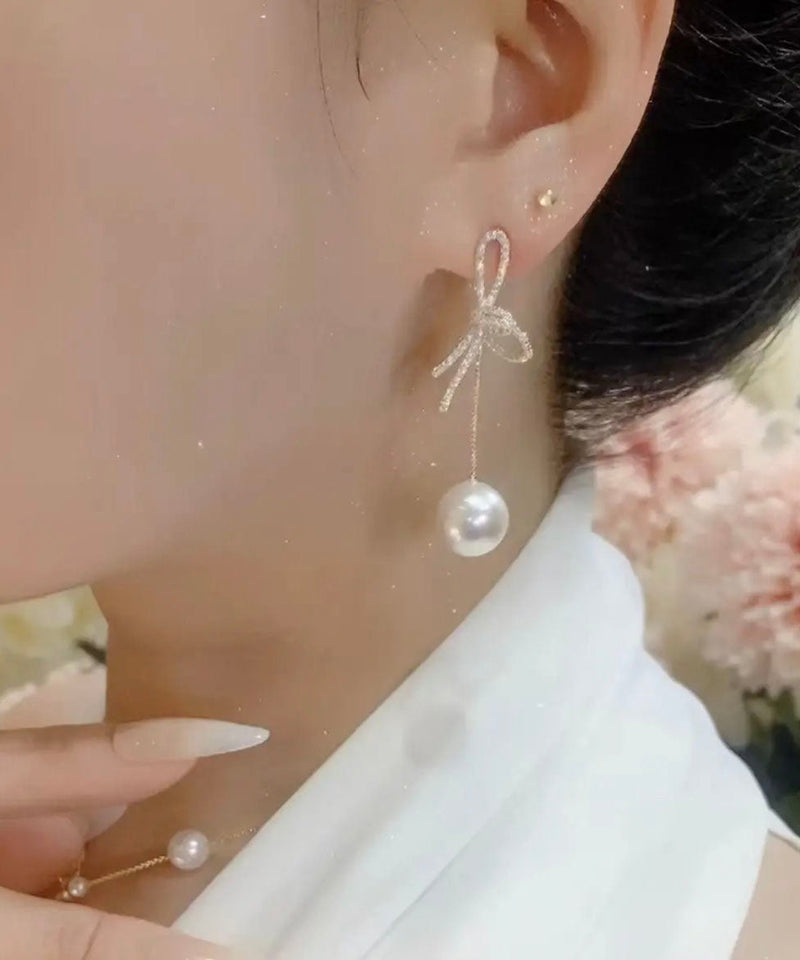 White Sterling Silver Alloy Bow Drop Earrings