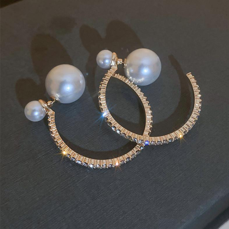 Gold Sterling Silver Alloy Zircon Pearl Hoop Earrings