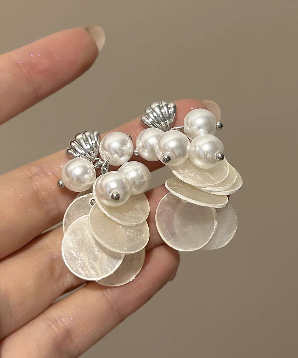 White Sterling Silver Alloy Shell Pearl Tassel Stud Earrings