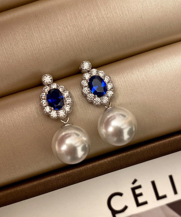 New Diamond Studded Pearl Oval Pendant Earrings