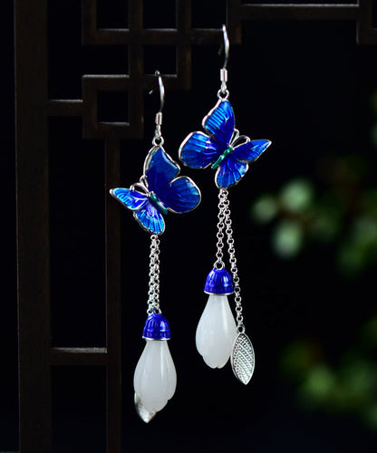 Blue Paitings Silver Gem Stone Drop Earrings