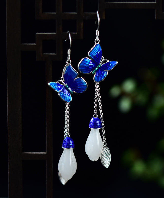Blue Paitings Silver Gem Stone Drop Earrings
