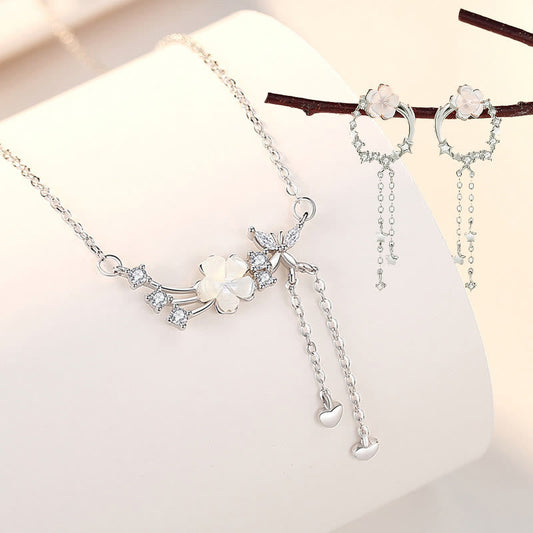 925 Sterling Silver Flower Butterfly Love Necklace Set
