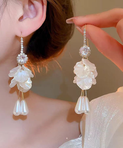 Classy White Copper Overgild Zircon Acrylic Shell Pearl Tassel Drop Earrings