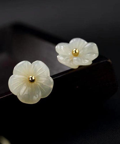 Simple White Sterling Silver Inlaid Jade Stud Earrings