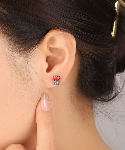 Red Little Tiger Shape Silver Stud Earrings
