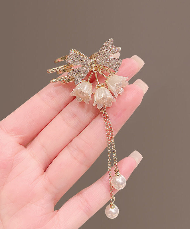 Gold Alloy Zircon Pearl Lily of the Valley Tassel Hairpin