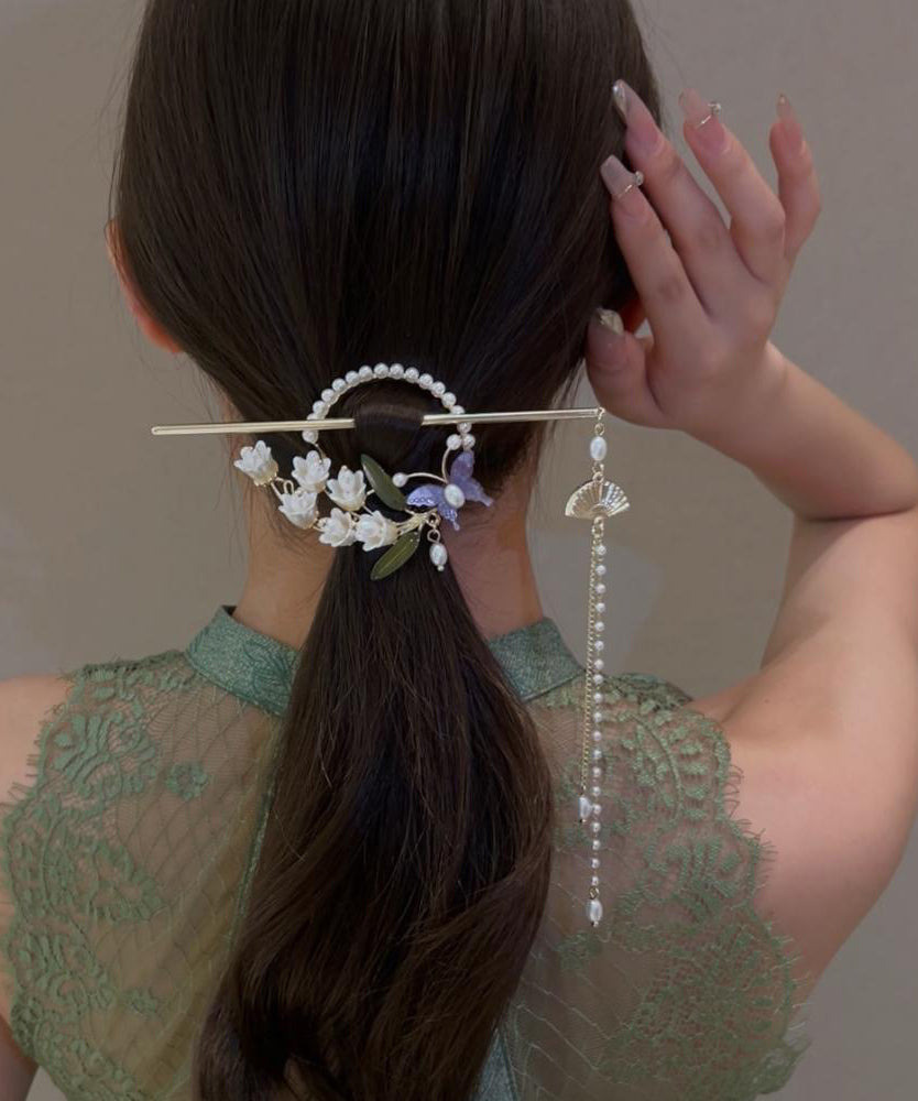 Retro White Alloy Pearl Lily of the Valley Tassel Hairpin