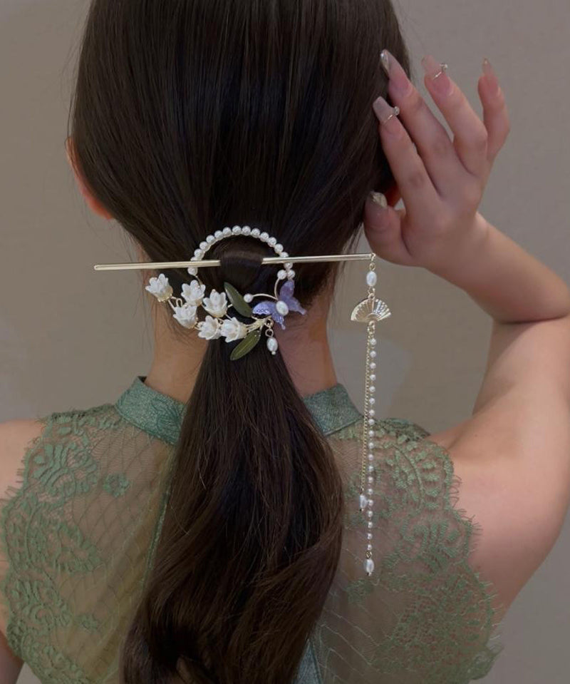 Retro White Alloy Pearl Lily of the Valley Tassel Hairpin