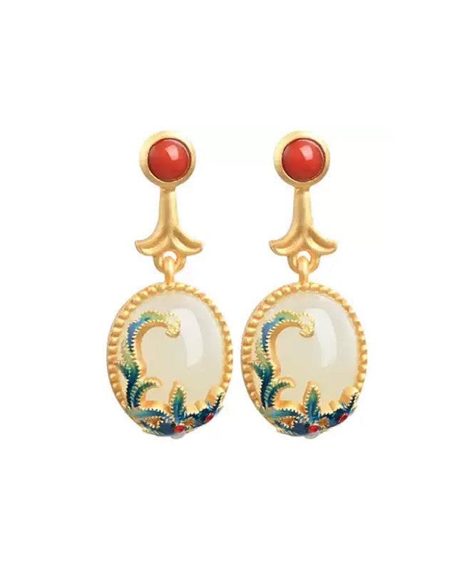 Yellow Copper Overgild Agate Enamel Drop Earrings