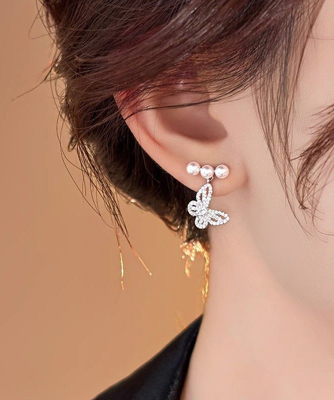 Fine Silk Copper Alloy Zircon Butterfly Pearl Drop Earrings