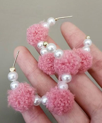 Pink Alloy Fuzzy Ball Decorated Pearl Hoop Earrings
