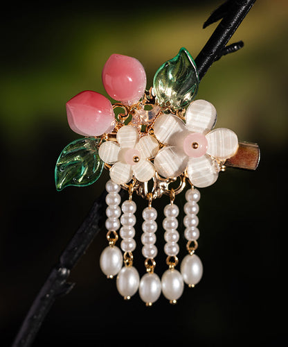 Fine White Alloy Pearl Resin Peach Tassel a Pair Hairpin