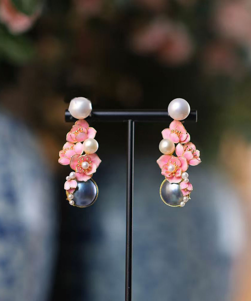 New Pink Sterling Silver Pearl Stud Earrings