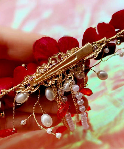 Red Sterling Silver Overgild Pearl Tassel Hairpin