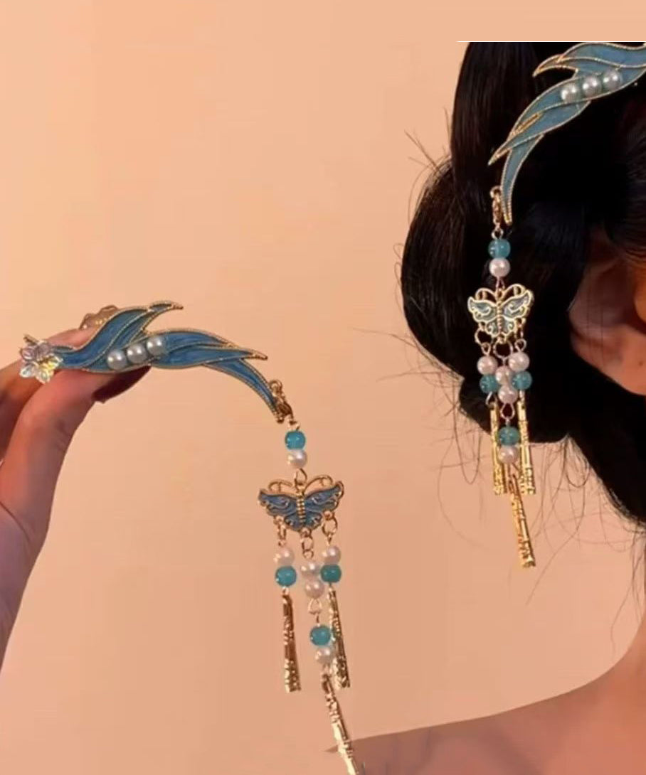 Classy Blue Sterling Silver Overgild Cloisonne Butterfly Tassel a Pair Hairpin