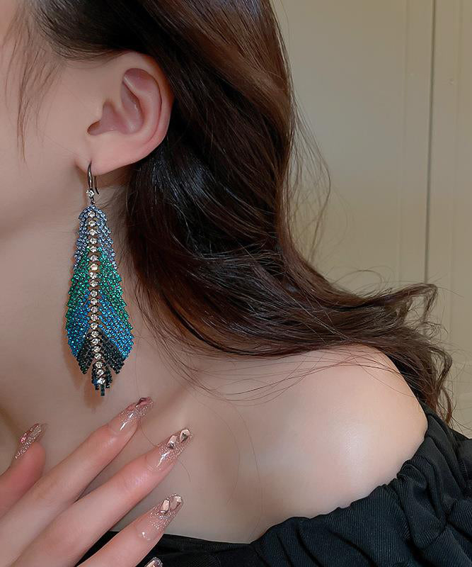 Multi Copper Zircon Feather Leaves Tassel Drop Earrings