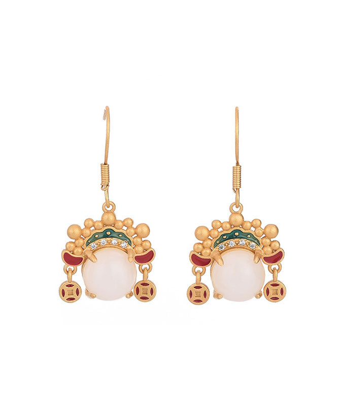 Yellow Ancient Gold Inlaid Zircon Pearl Dao Ma Dan Face Mask Drop Earrings