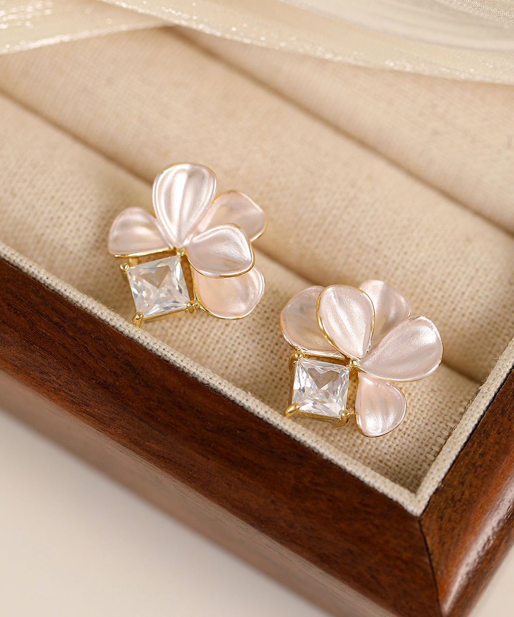 Pink Copper Overgild Zircon Petal Stud Earrings