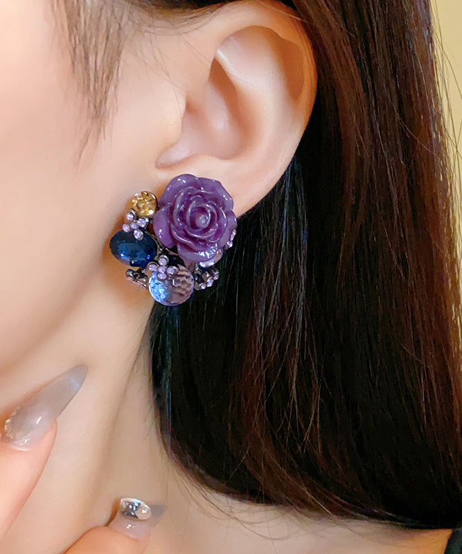Purple Alloy Zircon Resin Glass Stud Earrings