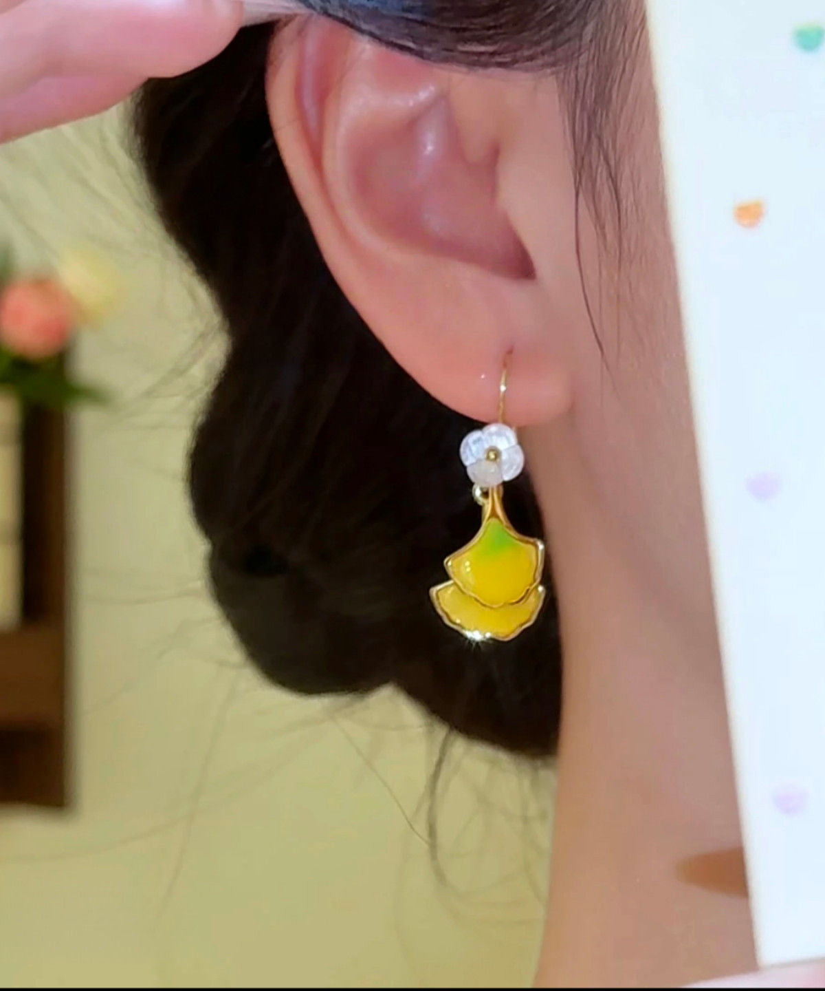 Yellow Copper Overgild Ginkgo Leaf Drop Earrings
