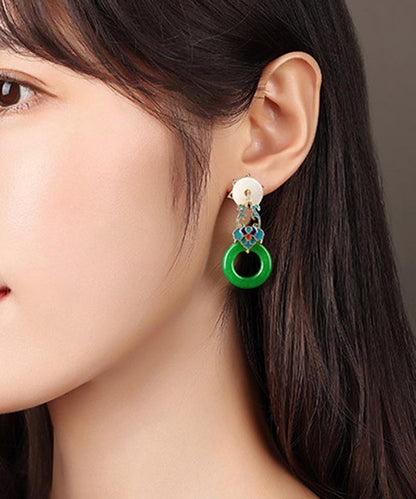 Modern Green Copper Cloisonne Jadeite Dry Green Drop Earrings