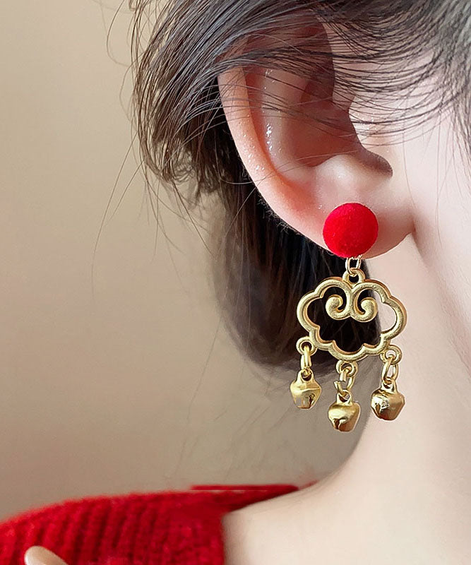 Red Sterling Silver Overgild Asymmetric Lion Dance Auspicious Clouds Tassel Drop Earrings