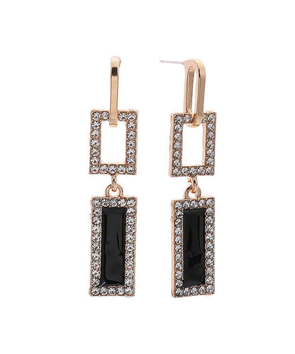 Gold Sterling Silver Zircon Hollow Out Rectangle Tassel Drop Earrings