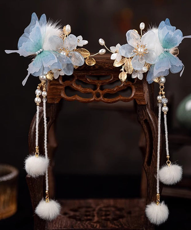 Chinese Style Blue Alloy Zircon Resin Butterfly Beading Tassel a Pair Hairpin