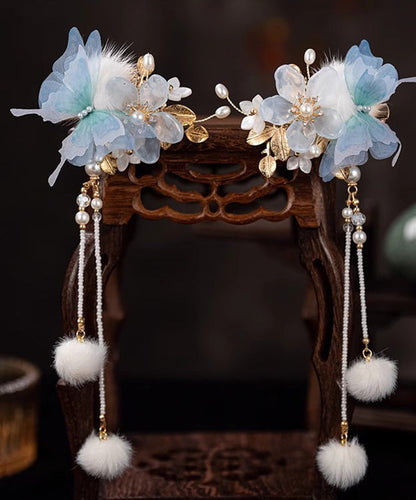 Chinese Style Blue Alloy Zircon Resin Butterfly Beading Tassel a Pair Hairpin