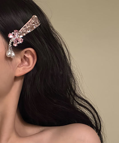 Fine Pink Alloy Butterfly Zircon Pearl Tassel a Pair Hairpin