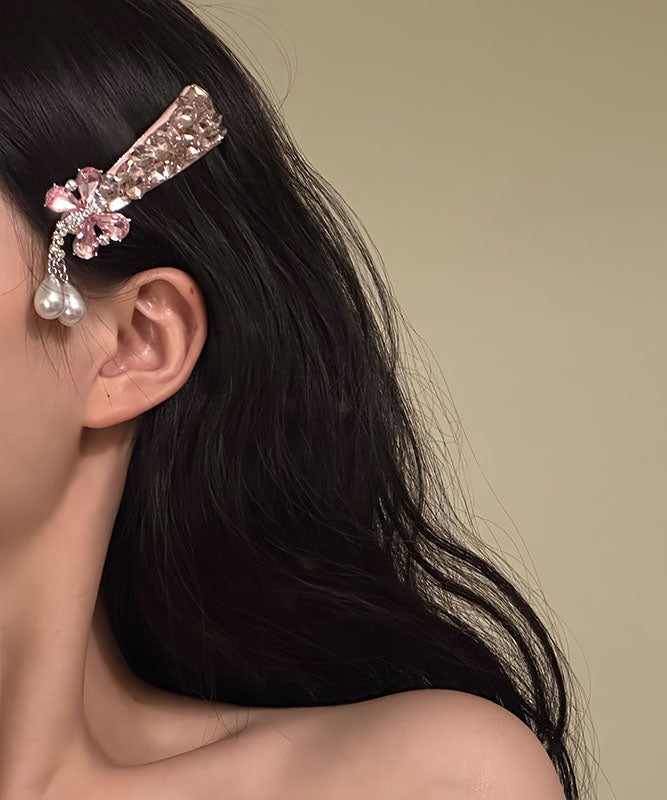 Fine Pink Alloy Butterfly Zircon Pearl Tassel a Pair Hairpin