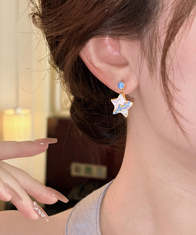 Diy Blue Copper Alloy Zircon Starfish Shell Drop Earrings