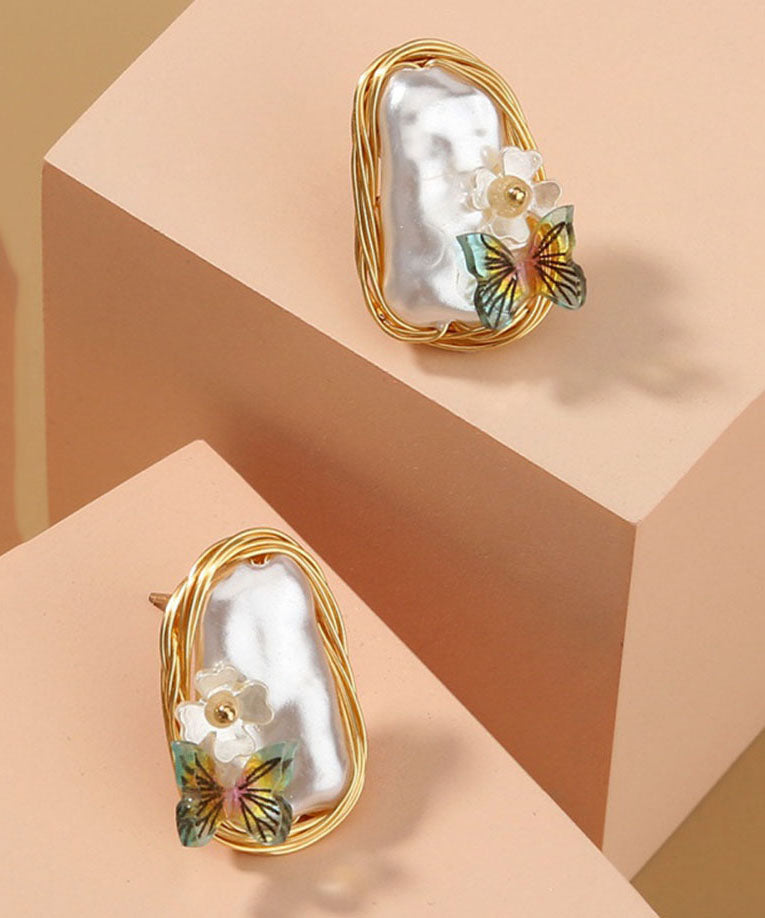 Yellow Handmade Pearl Butterfl Stud Earrings
