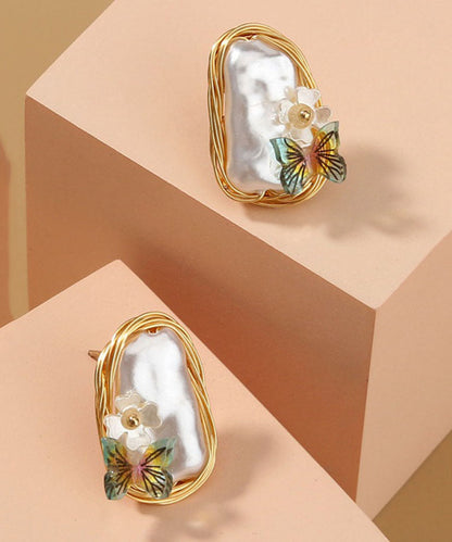 Yellow Handmade Pearl Butterfl Stud Earrings