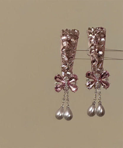 Fine Pink Alloy Butterfly Zircon Pearl Tassel a Pair Hairpin