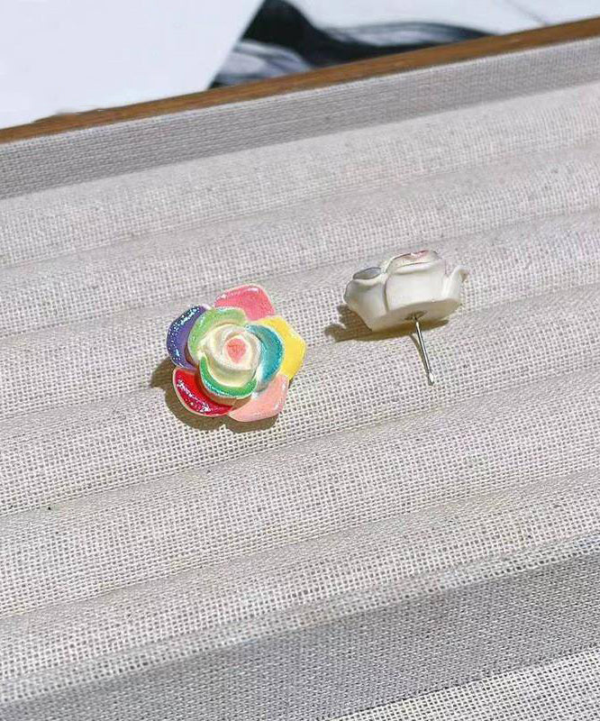 Rainbow Alloy Resin Rose Stud Earrings