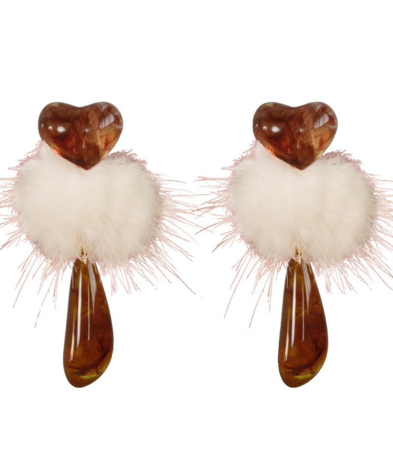 Orange Plastics Resin Fuzzy Ball Decorated Drop Earrings