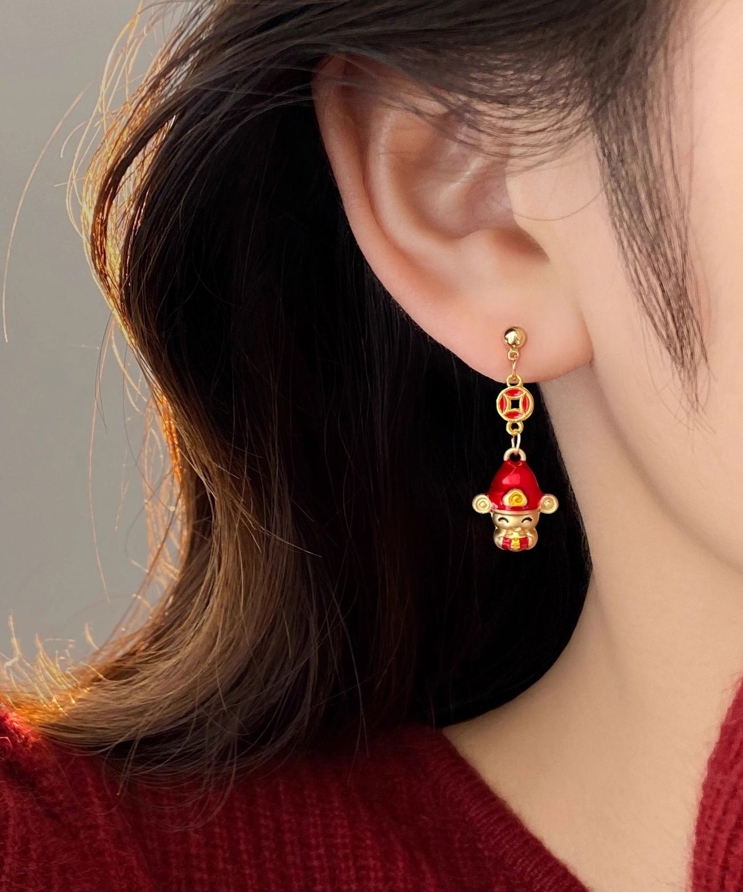 New Red Sterling Silver Overgild God of Wealthdrop Earrings