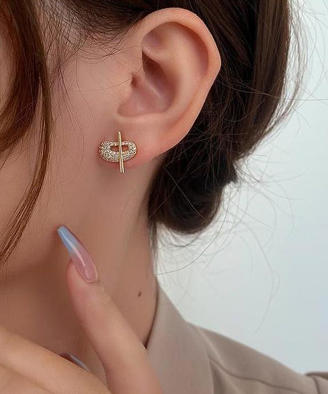 Art Gold 14k Gold Zircon Asymmetric Chinese Characters Stud Earrings