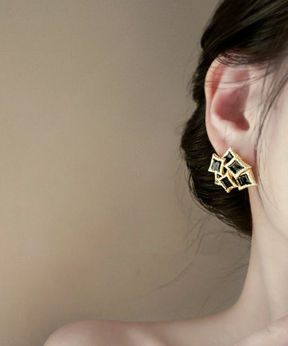 Diy Black Sterling Silver Overgild Drip Glaze Geometry Stud Earrings