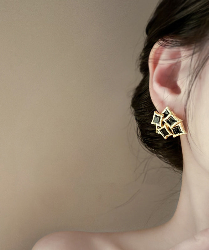 Diy Black Sterling Silver Overgild Drip Glaze Geometry Stud Earrings